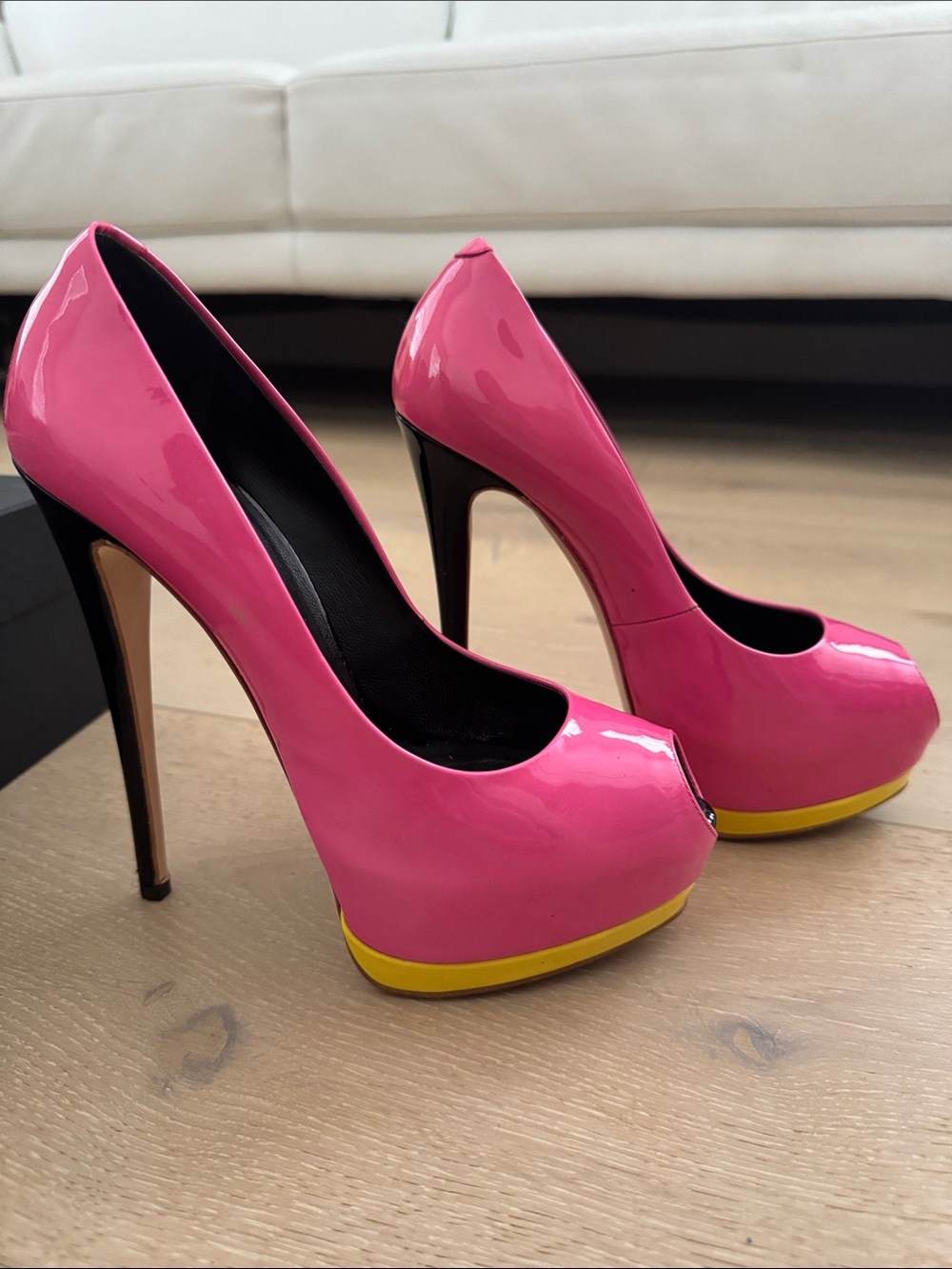 Giuseppe Zanotti Hot Pink Patent Platform Pumps with Yellow Trim